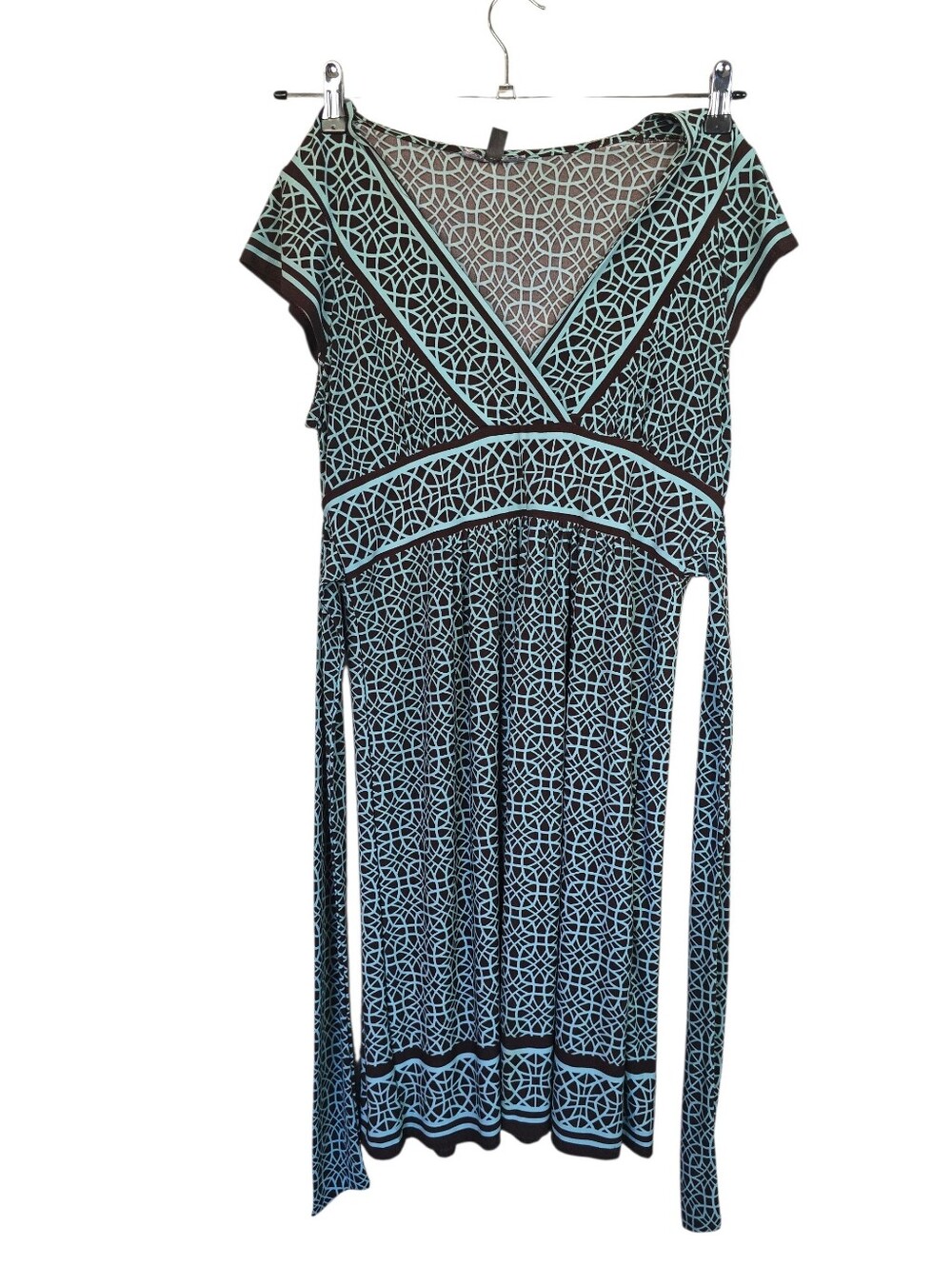 Black & Aqua Patterned V-Neck Dress